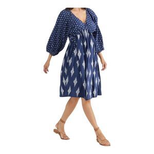 TALISMAN Gaia Dress Navy Blue 100% Cotton Lined Pockets Tie Back Embroidery  L